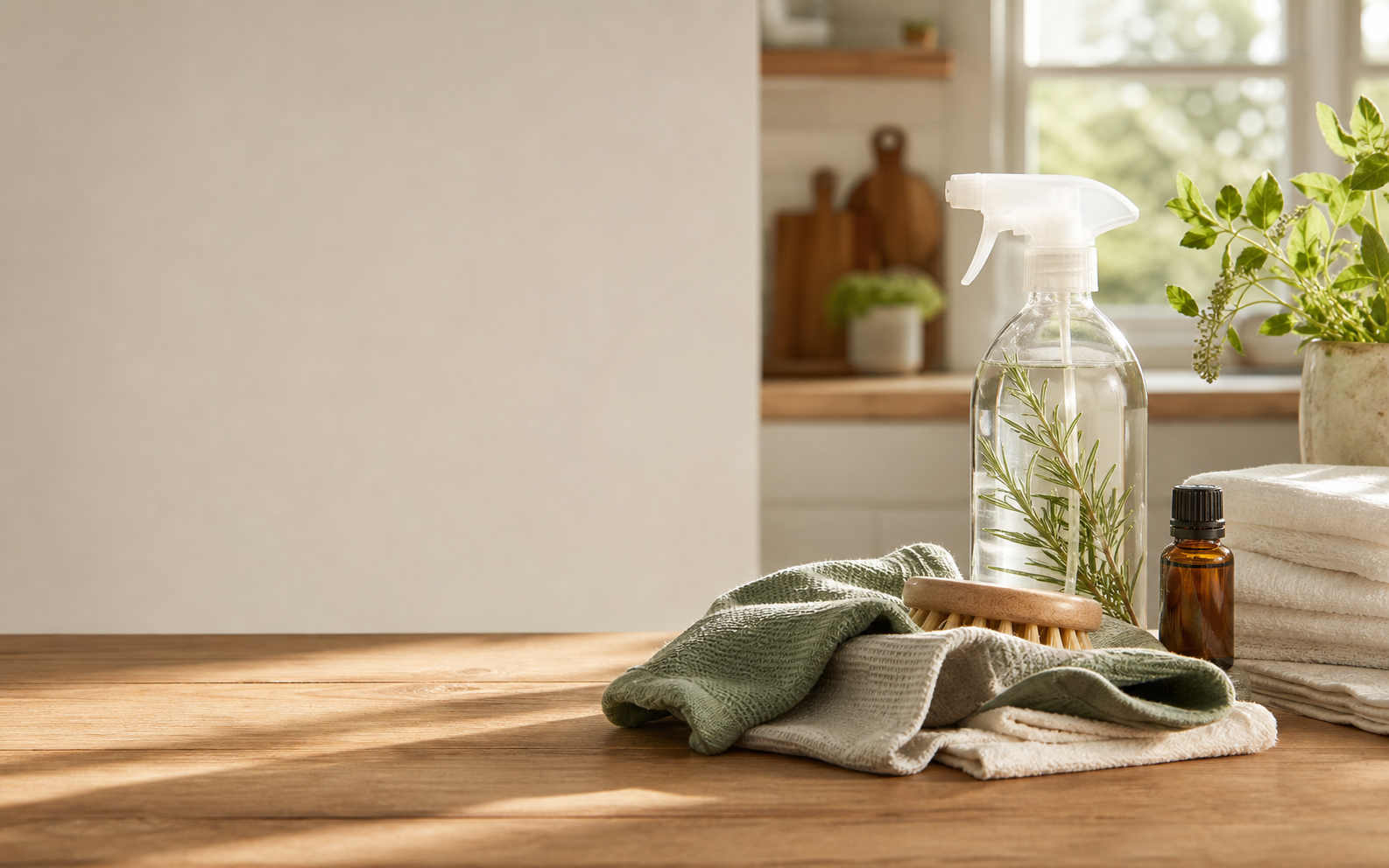 Natural cleaning spray bottle, folded towels, and household cleaning materials on a sunlit counter